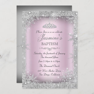 Convite Silver Winter Wonderland Pink Baptism Christening