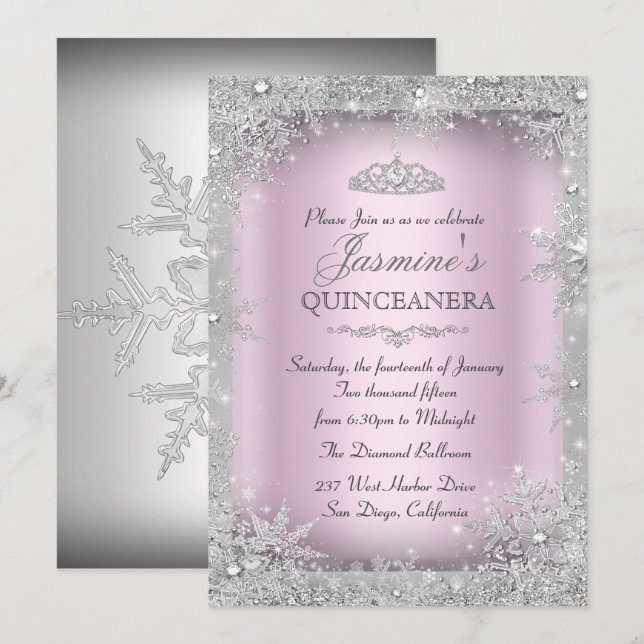 Convite Silver Winter Wonderland Pink Quinceanera (Frente/Verso)