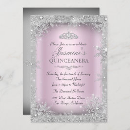Convite Silver Winter Wonderland Pink Quinceanera