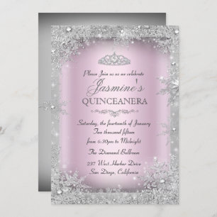 Convite Silver Winter Wonderland Pink Quinceanera