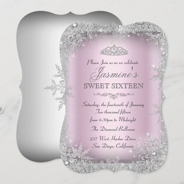 Convite Silver Winter Wonderland Pink Sweet 16 2 (Frente/Verso)
