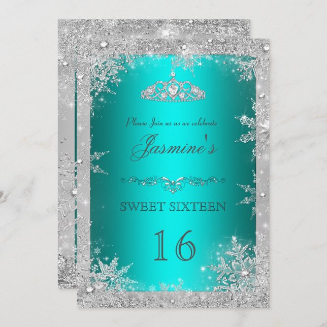 Convite Silver Winter Wonderland Teal Sweet 16 Invite (Frente/Verso)