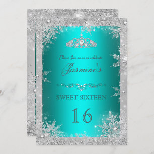 Convite Silver Winter Wonderland Teal Sweet 16 Invite