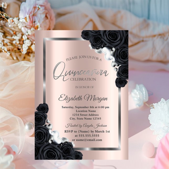 Convite SilverFrame Elegante, Rosas Negros Quinceañera (Criador carregado)