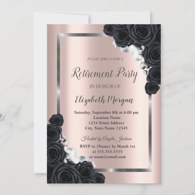 Convite SilverFrame Elegante,Rosas Pretos (Frente)