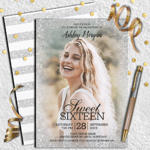 Convite Silvery Glitter Photo Template Sweet 16 Party