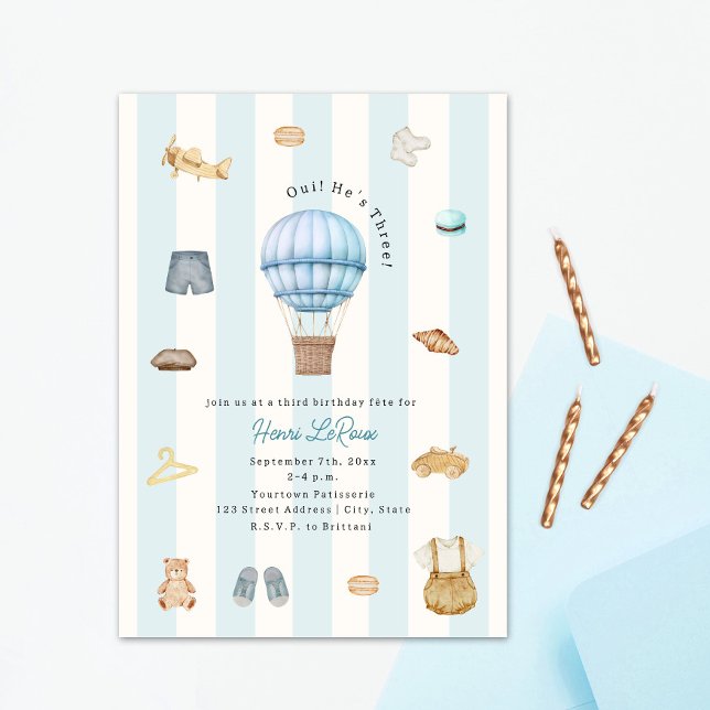 Convite Sim Ele Tem Três Aniversário Paris Francês (Criador carregado)