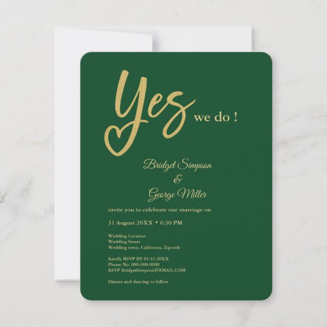 Convite Sim, fazemos esmeralda verde Dourado casamento  (Frente)