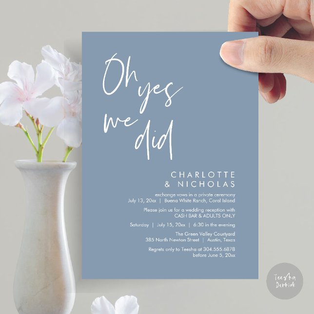 Convite Sim, Fizemos, Bar De Caixa Da Festa Jante De Casam (Oh Yes, We Did, Modern Wedding Elopement Reception Dinner Party Invites Card PDF Dusty Blue)