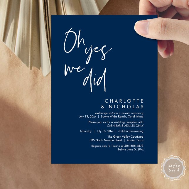 Convite Sim, Fizemos, Bar De Caixa Da Festa Jante De Casam (Oh Yes, We Did, Modern Wedding Elopement Reception Dinner Party Invites Card PDF Navy Blue)