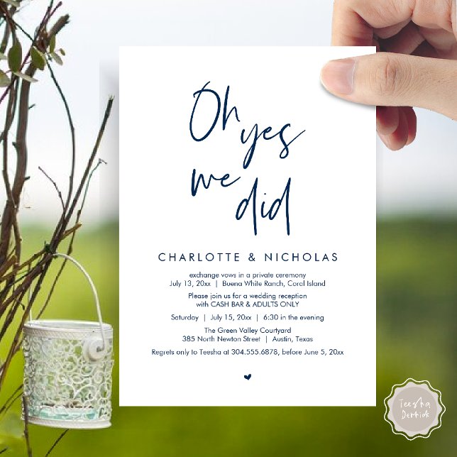 Convite Sim, Fizemos, Bar De Caixa Da Festa Jante De Casam (Oh Yes, We Did, Modern Wedding Elopement Reception Dinner Party Invites Card PDF Navy Blue)