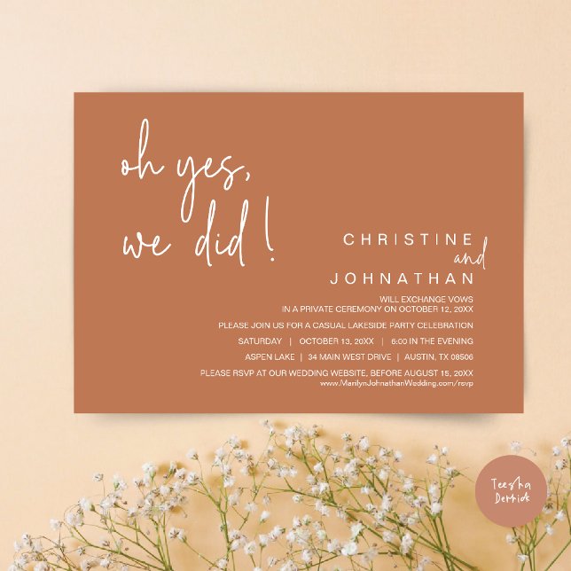 Convite Sim, Fizemos, Elopemento De Casamento, Ferrugem De (Oh Yes, We Did, Modern Wedding Elopement Dinner Party Invitation Card, PDF, Copper Rust Brown)