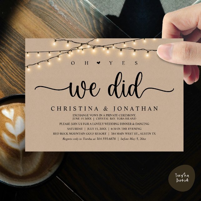 Convite Sim, Fizemos, Elopemento Jante De Casamento Russo (Oh Yes, We Did, Rustic Wedding Dinner Elopement Invitation Card, PDF, String Lights Brown Kraft)