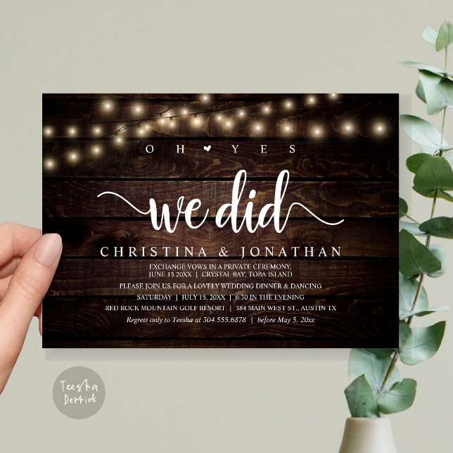 Convite Sim, Fizemos, Elopemento Jante De Casamento Russo (Oh Yes, We Did, Rustic Wedding Dinner Elopement Invitation card, pdf, in cottage dark wood)