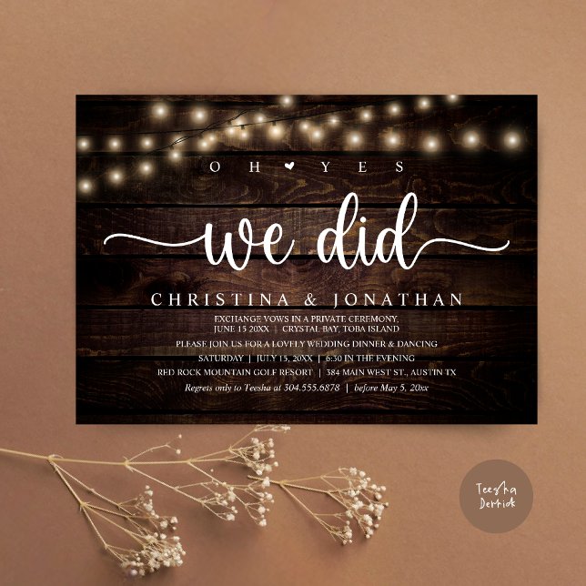 Convite Sim, Fizemos, Elopemento Jante De Casamento Russo (Oh Yes, We Did, Rustic Wedding Dinner Elopement Invitation card, pdf, in cottage dark wood)