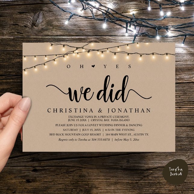 Convite Sim, Fizemos, Elopemento Jante De Casamento Russo (Oh Yes, We Did, Rustic Wedding Dinner Elopement Invitation Card, PDF, String Lights Brown Kraft)