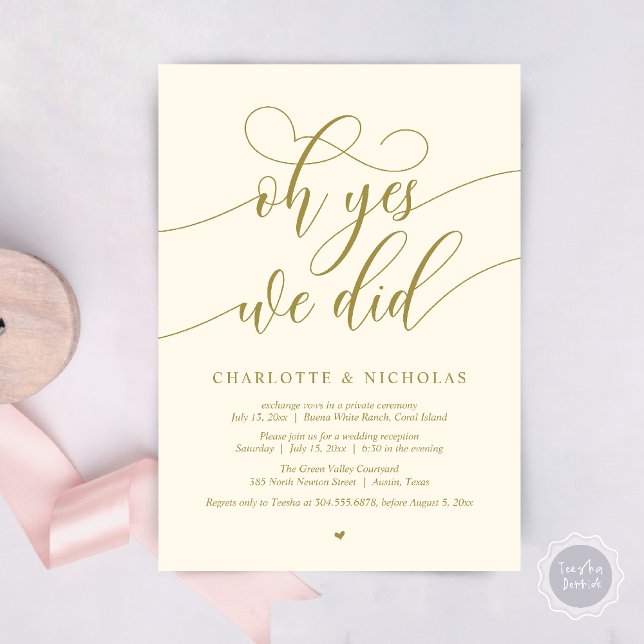 Convite Sim, Fizemos, Festa de Janto de Elopemento de Casa (Oh Yes, We Did, Modern Wedding Elopement Reception Dinner Party Invites Card PDF Yellow Gold)