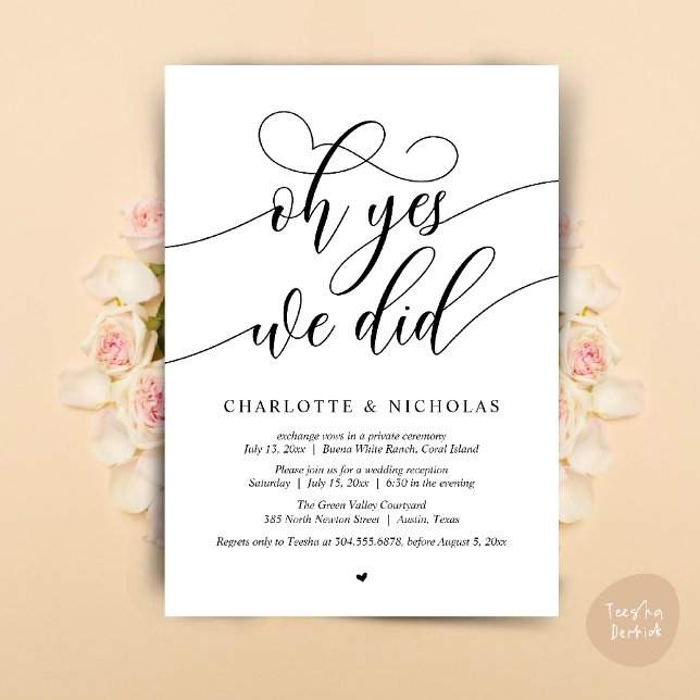 Convite Sim, Fizemos, Festa de Janto de Elopemento de Casa (Oh Yes, We Did, Modern Wedding Elopement Reception Dinner Party Invites Card PDF White Black)