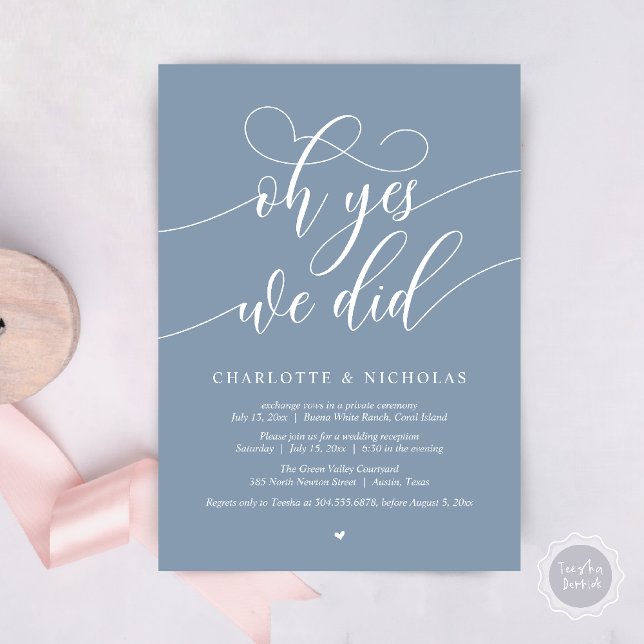 Convite Sim, Fizemos, Festa de Janto de Elopemento de Casa (Oh Yes, We Did, Modern Wedding Elopement Reception Dinner Party Invites Card PDF Dusty Blue)