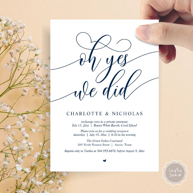 Convite Sim, Fizemos, Festa de Janto de Elopemento de Casa (Oh Yes, We Did, Modern Wedding Elopement Reception Dinner Party Invites Card PDF Navy Blue)