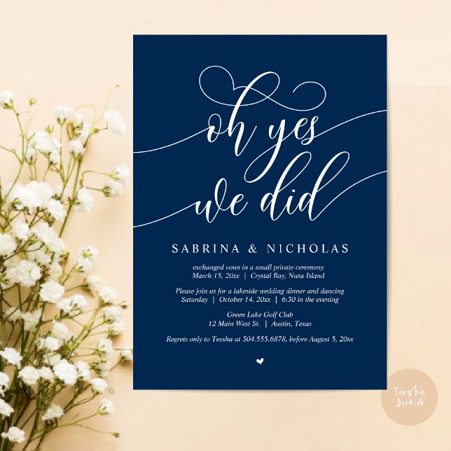 Convite Sim, Fizemos, Festa de Janto de Elopemento de Casa (Oh Yes, We Did, Wedding Elopement Dinner Brunch Lunch Party Invites Card, PDF, Navy Blue)