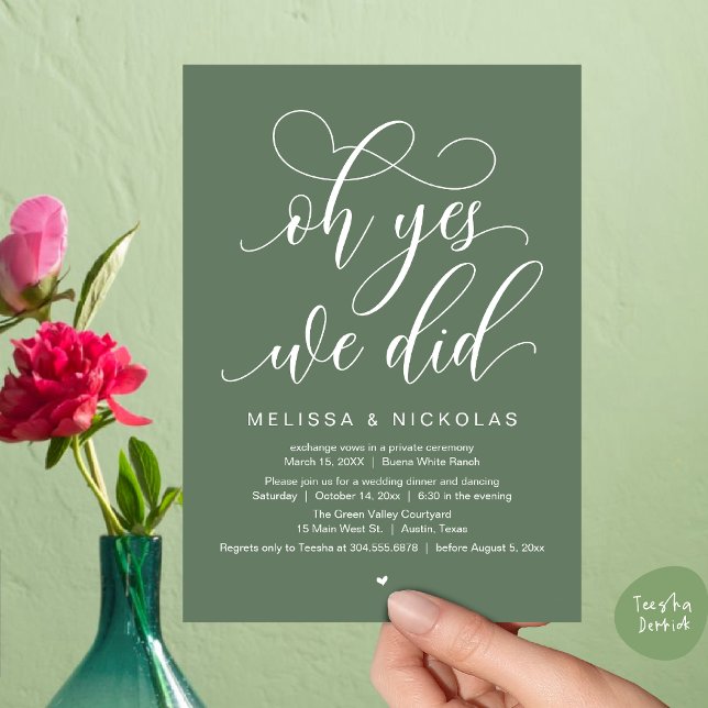 Convite Sim, Fizemos, Festa Romântica De Elopemento De Cas (Oh Yes, We Did, Romantic Modern Script Wedding Elopement Party Invitation Card PDF Rustic Sage Green)