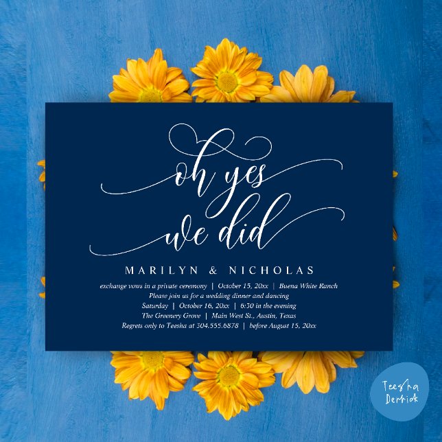 Convite Sim, fizemos, Janto de casamento moderno e festa (Oh Yes, We Did, Wedding Elopement Dinner Romantic Modern Party Invitation Card PDF Navy Blue)