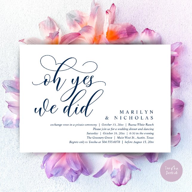 Convite Sim, fizemos, Janto de casamento moderno e festa (Oh Yes, We Did, Wedding Elopement Dinner Romantic Modern Party Invitation Card PDF Navy Blue)