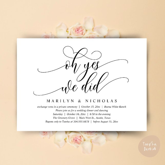 Convite Sim, fizemos, Janto de casamento moderno e festa (Oh Yes, We Did, Wedding Elopement Dinner Romantic Modern Party Invitation Card PDF Black White)