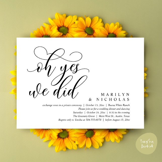 Convite Sim, fizemos, Janto de casamento moderno e festa (Oh Yes, We Did, Wedding Elopement Dinner Romantic Modern Party Invitation Card PDF Black White)