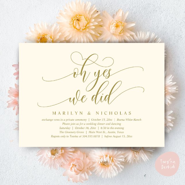 Convite Sim, fizemos, Janto de casamento moderno e festa (Oh Yes, We Did, Wedding Elopement Dinner Romantic Modern Party Invitation Card PDF Yellow Gold)