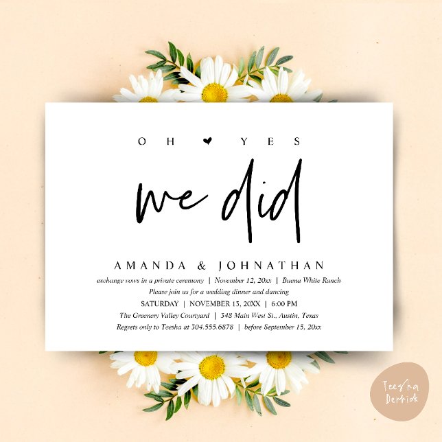 Convite Sim, Fizemos, Janto de Elopemento Moderno de Casam (Oh Yes, We Did, Modern Wedding Elopement Dinner Modern Clean Invitation Card PDF in Black White)