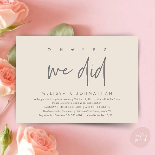 Convite Sim, fizemos, Recepção de casamento Janta Dançando (Oh yes we did, Modern Wedding Reception Dinner Dancing Minimalist Invitation Card PDF Cream Grey)