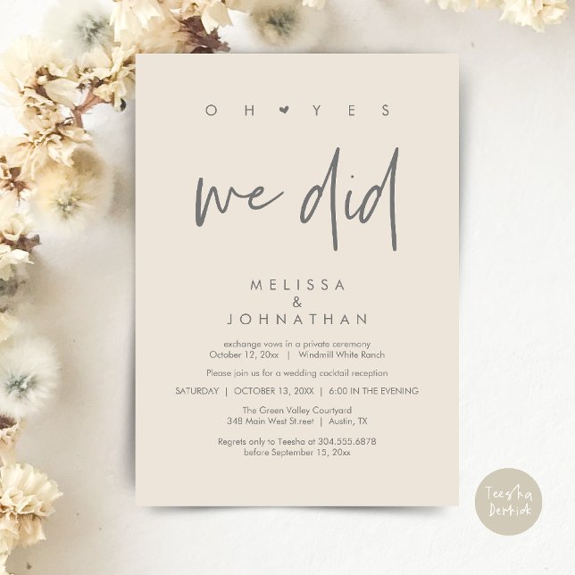 Convite Sim, fizemos, Recepção de casamento Janta Dançando (Oh yes we did, Modern Wedding Reception Dinner Dancing Minimalist Invitation Card PDF Cream Grey)
