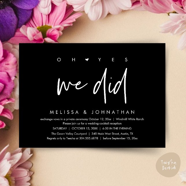 Convite Sim, fizemos, Recepção de casamento Janta Dançando (Oh yes we did, Modern Wedding Reception Dinner Dancing Minimalist Invitation Card PDF Classy Black)