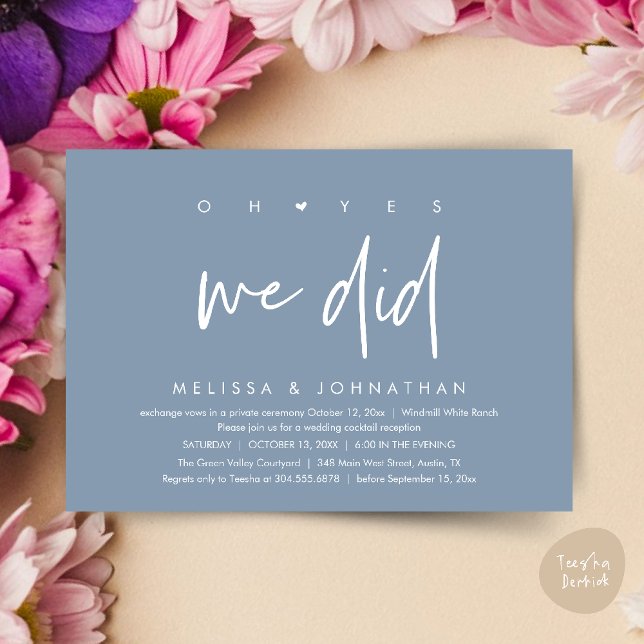 Convite Sim, fizemos, Recepção de casamento Janta Dançando (Oh yes we did, Modern Wedding Reception Dinner Dancing Minimalist Invitation Card PDF Dusty Blue)