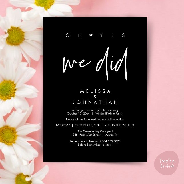 Convite Sim, fizemos, Recepção de casamento Janta Dançando (Oh yes we did, Modern Wedding Reception Dinner Dancing Minimalist Invitation Card PDF Classy Black)