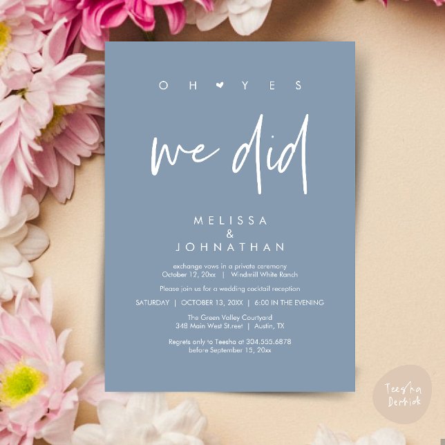 Convite Sim, fizemos, Recepção de casamento Janta Dançando (Oh yes we did, Modern Wedding Reception Dinner Dancing Minimalist Invitation Card PDF Dusty Blue)