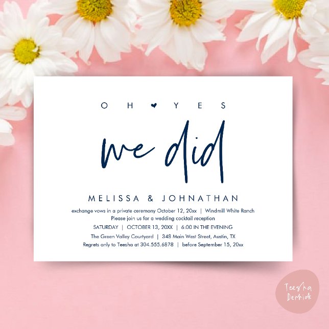 Convite Sim, fizemos, Recepção de casamento Janta Dançando (Oh yes we did, Modern Wedding Reception Dinner Dancing Minimalist Invitation Card PDF Navy Blue)