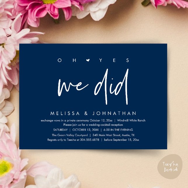 Convite Sim, fizemos, Recepção de casamento Janta Dançando (Oh yes we did, Modern Wedding Reception Dinner Dancing Minimalist Invitation Card PDF Navy Blue)
