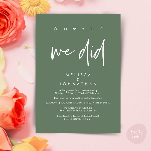 Convite Sim, fizemos, Recepção de casamento Janta Dançando (Oh yes we did, Modern Wedding Reception Dinner Dancing Minimalist Invitation Card PDF Sage Green)