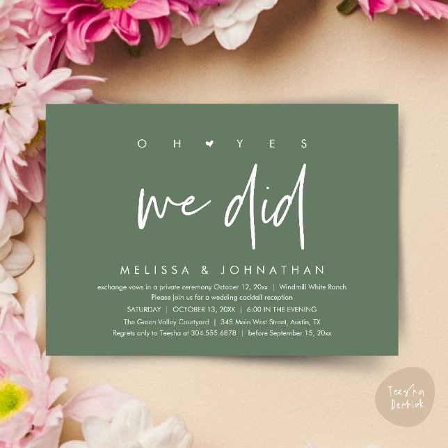 Convite Sim, fizemos, Recepção de casamento Janta Dançando (Oh yes we did, Modern Wedding Reception Dinner Dancing Minimalist Invitation Card PDF Sage Green)