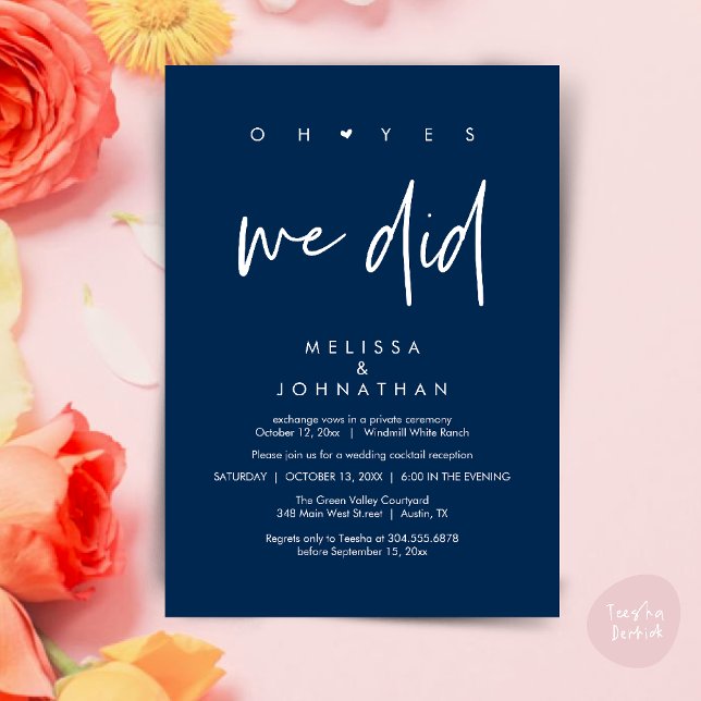 Convite Sim, fizemos, Recepção de casamento Janta Dançando (Oh yes we did, Modern Wedding Reception Dinner Dancing Minimalist Invitation Card PDF Navy Blue)