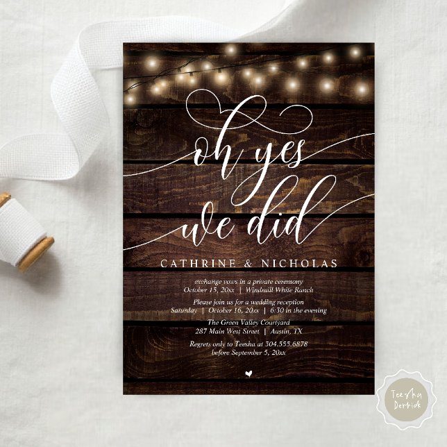 Convite Sim, Fizemos, Recepção de casamento Moderna de Scr (Oh Yes, We Did, Modern Script Wedding Reception Invitation Card PDF String Lights Brown Wood)