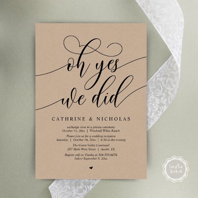 Convite Sim, Fizemos, Recepção de casamento Moderna de Scr (Oh Yes, We Did, Modern Script Wedding Reception Invitation Card PDF Brown Kraft)