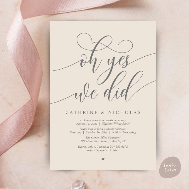 Convite Sim, Fizemos, Recepção de casamento Moderna de Scr (Oh Yes, We Did, Modern Script Wedding Reception Invitation Card PDF Cream Grey)
