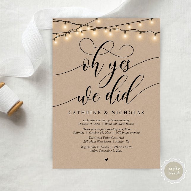 Convite Sim, Fizemos, Recepção de casamento Moderna de Scr (Oh Yes, We Did, Modern Script Wedding Reception Invitation Card PDF Brown Kraft String Lights)