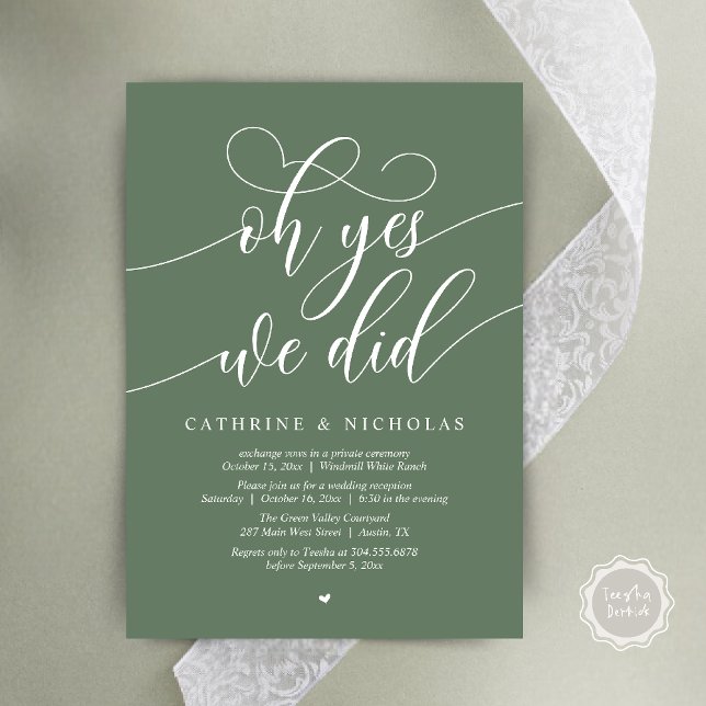 Convite Sim, Fizemos, Recepção de casamento Moderna de Scr (Oh Yes, We Did, Modern Script Wedding Reception Invitation Card PDF Sage Green)