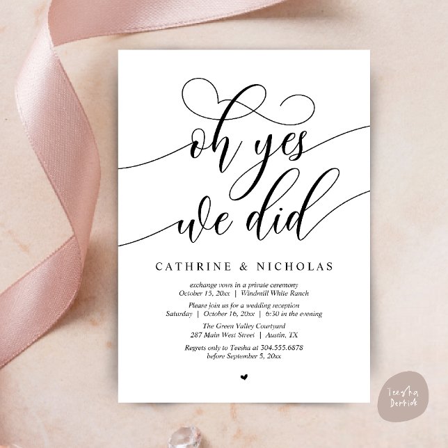 Convite Sim, Fizemos, Recepção de casamento Moderna de Scr (Oh Yes, We Did, Modern Script Wedding Reception Invitation Card PDF Black White)