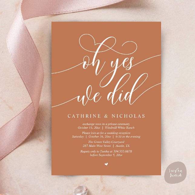 Convite Sim, Fizemos, Recepção de casamento Moderna de Scr (Oh Yes, We Did, Modern Script Wedding Reception Invitation Card PDF Copper Brown)